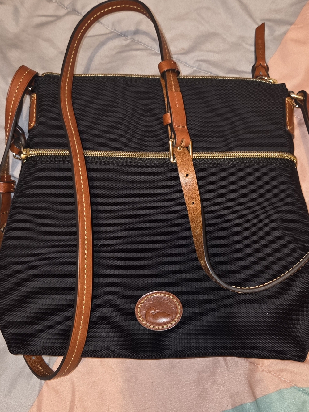Dooney & Bourke Black Canvas Shoulder Bag with Cognac Leather Trim